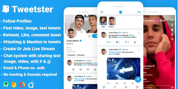 Tweetster - Twitter clone social network app Follow Chat Tweet Live android studio + firebase +admob